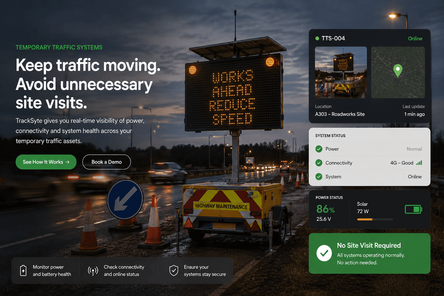 Variable message sign on roadworks site — keep traffic moving, avoid unnecessary site visits