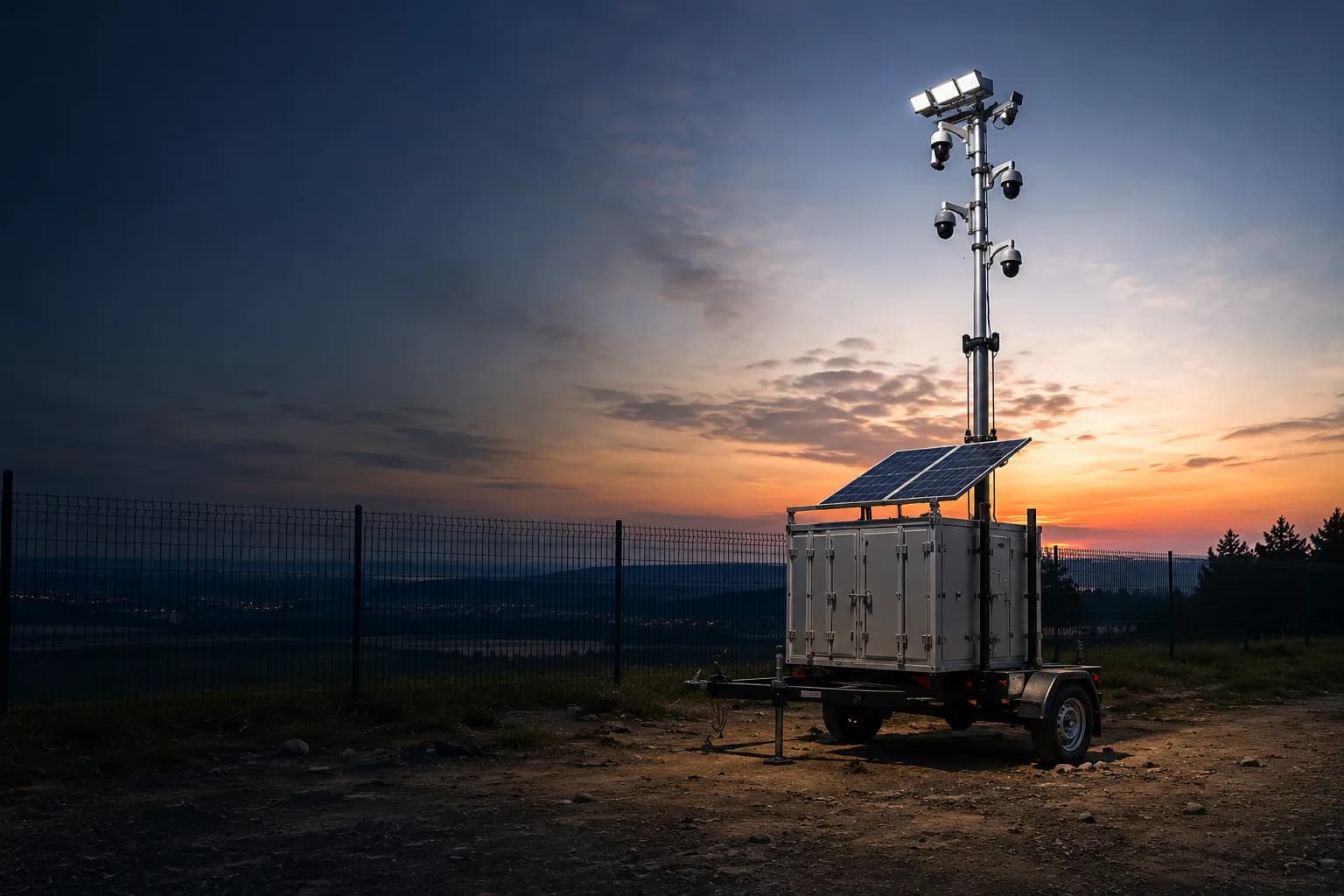 Deployable CCTV surveillance tower at sunset