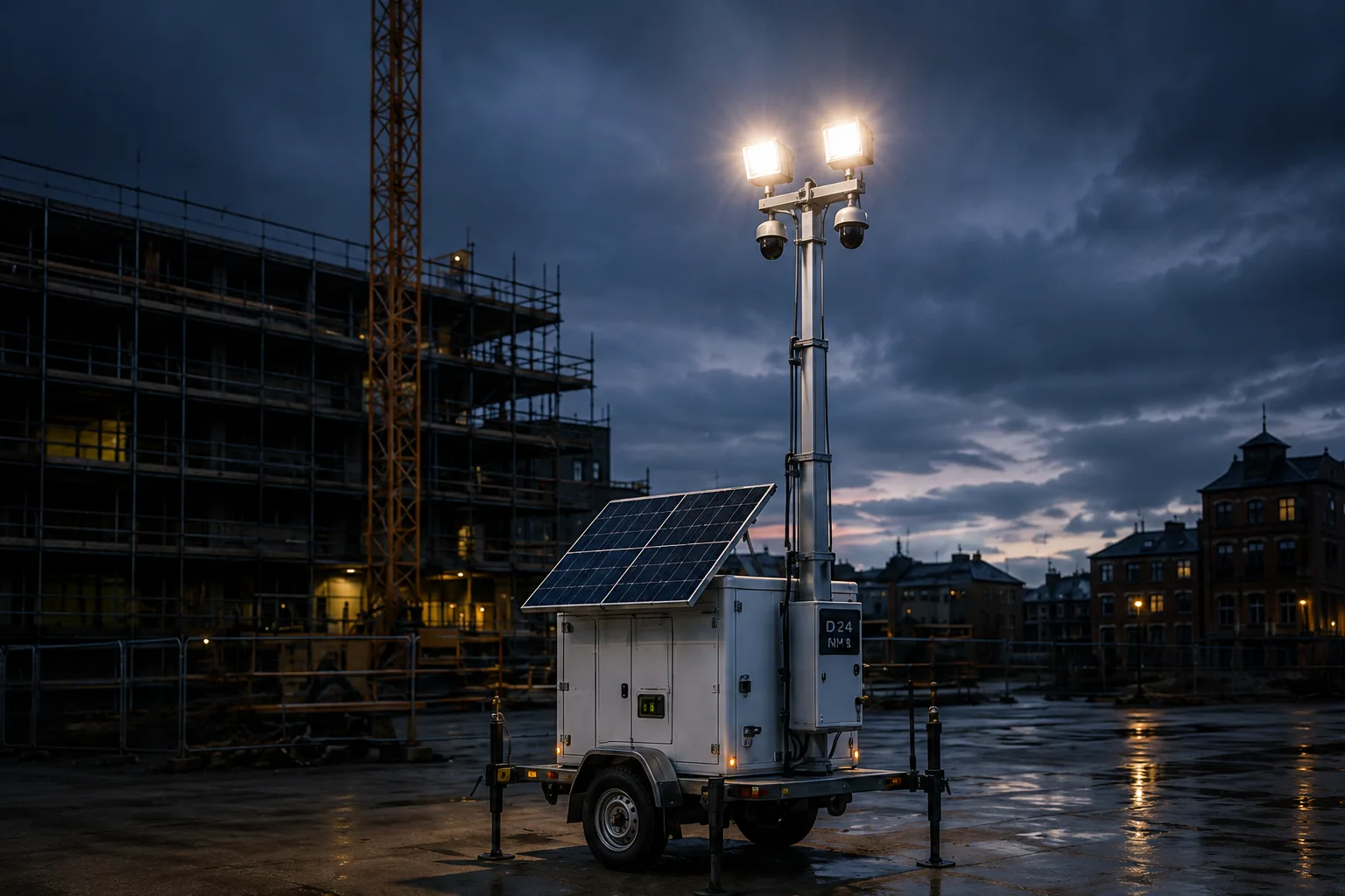 Mobile CCTV tower at dusk