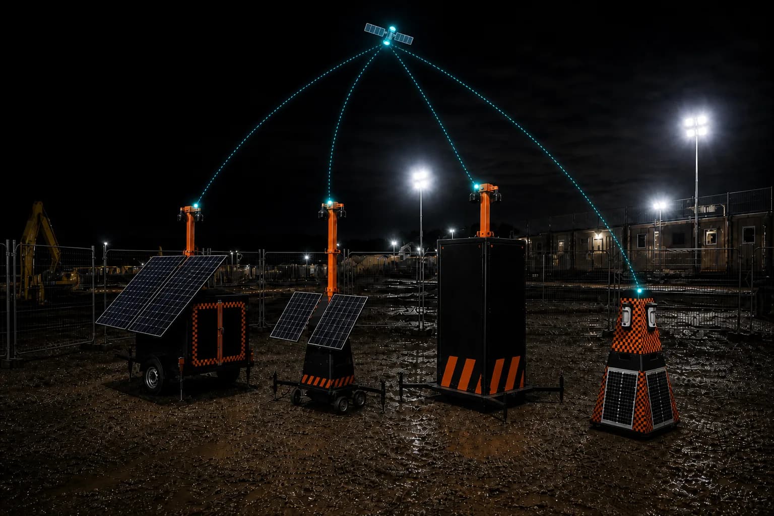 Mobile surveillance towers and PID unit on a construction site at night, connected by glowing telemetry lines to a satellite