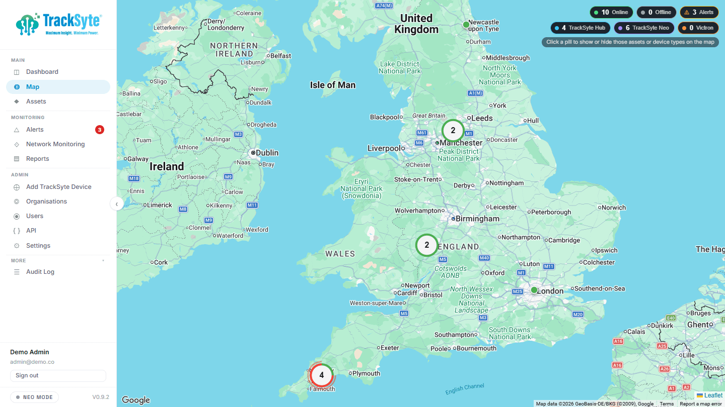 TrackSyte Portal fleet map showing the location and status of remote assets